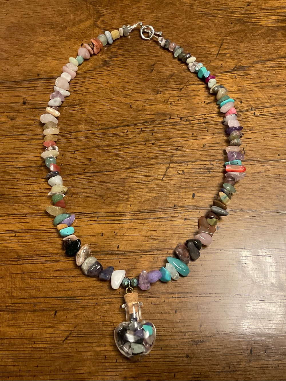 Multicolor Gemstone Chip Necklace with Heart Potion Bottle Pendant
